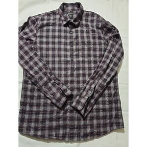 Marc Anthony Mens Large Long Sleeve Button Shirt Maroon Gray Black Plaid Flannel